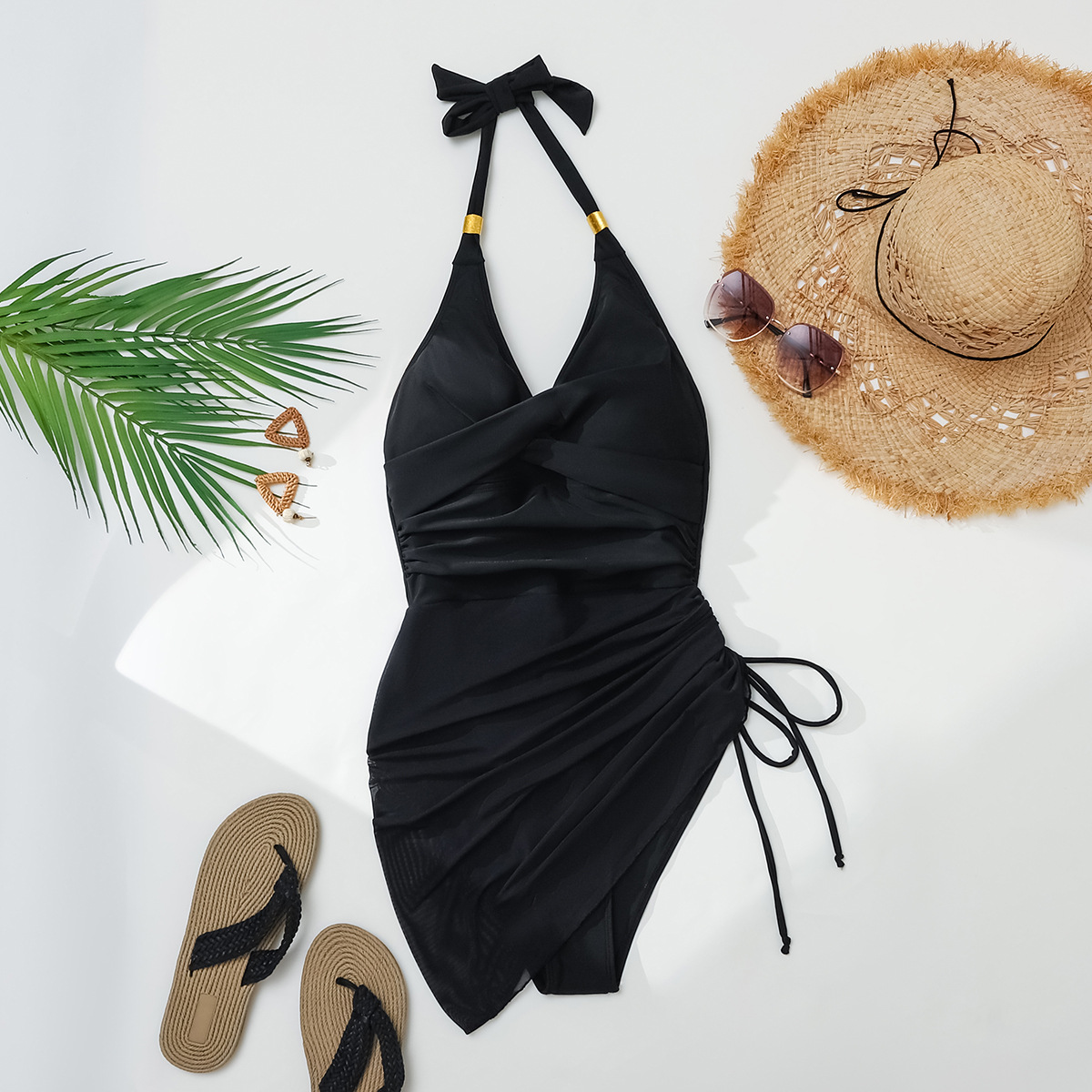 Women mesh patchwork drawstring sexy one-piece swimsuit