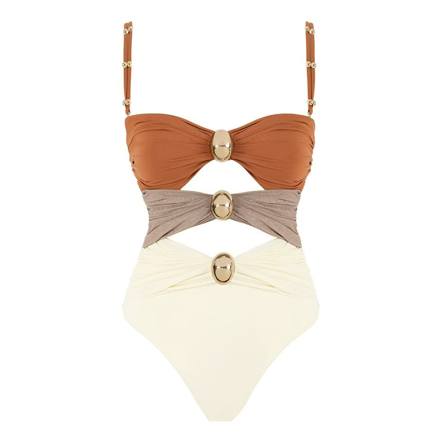 Women Color Block Hollow Sexy One-Piece Swimwear  Two-Piece Set