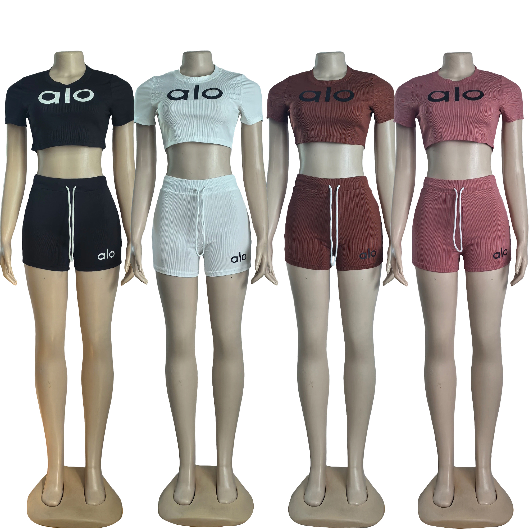 Women summer Stretch Round Neck short-sleeved top and shorts two-piece set
