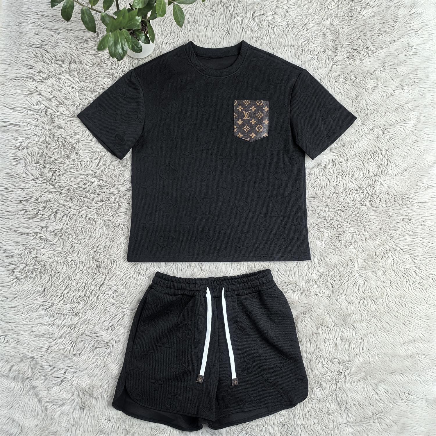 Women casual Pu-Leather pocket jacquard short-sleeved top and shorts sports two-piece set