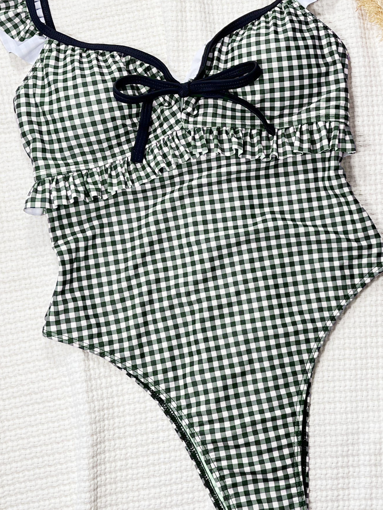 Women Retro Pink Plaid Sexy Open Back Lace-Up Holidays One-piece Swimwear