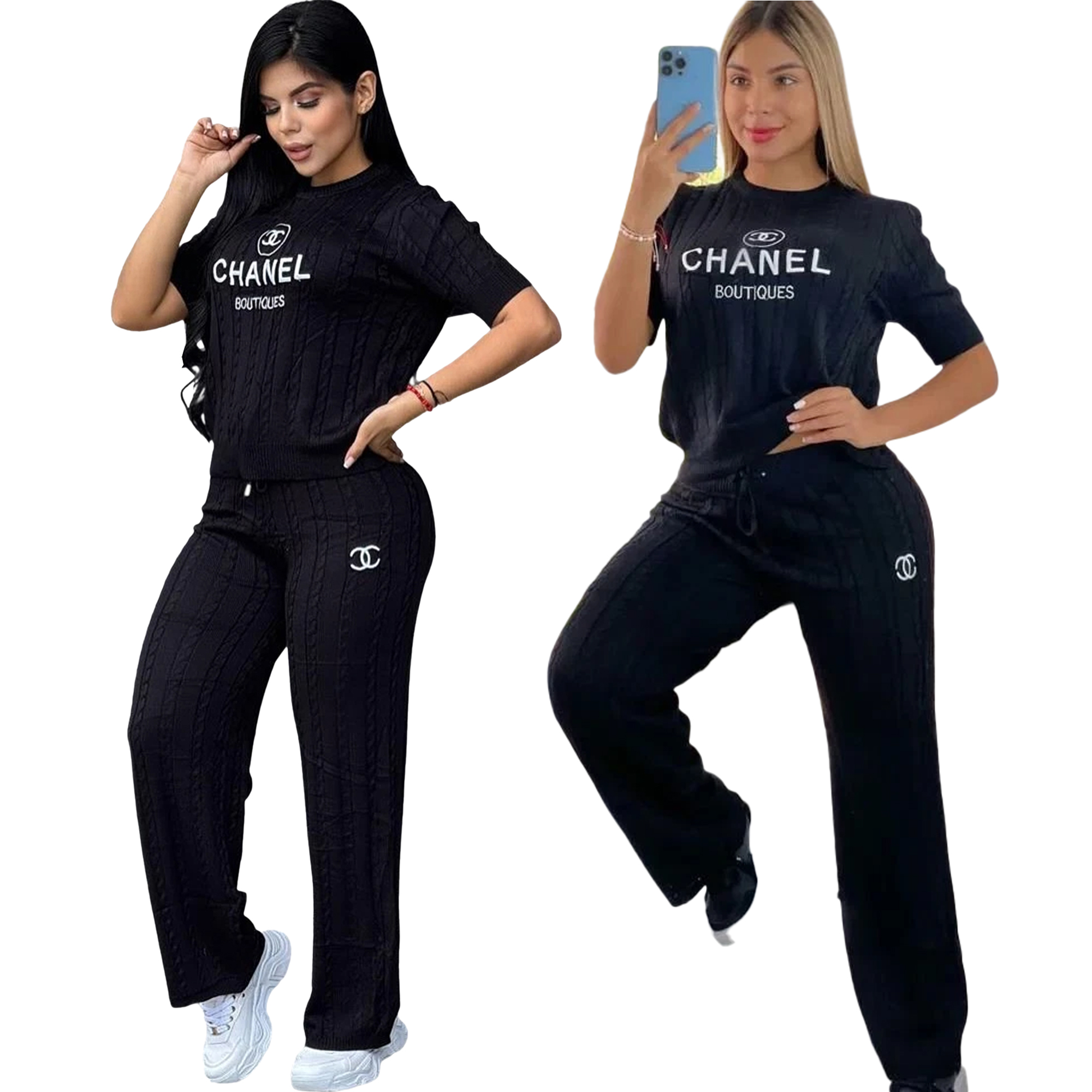 Women Knitting sweater autumn casual short-sleeved sweater top and long pants knitting two-piece set