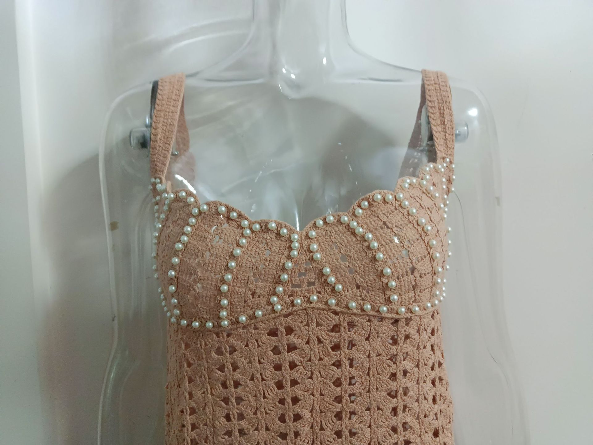 Women knitting v-neck pearl hollow Strap Dress