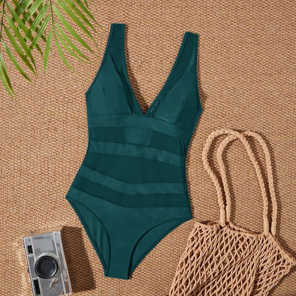 Women's Sexy V-Neck Mesh Patchwork One-Piece Swimsuit