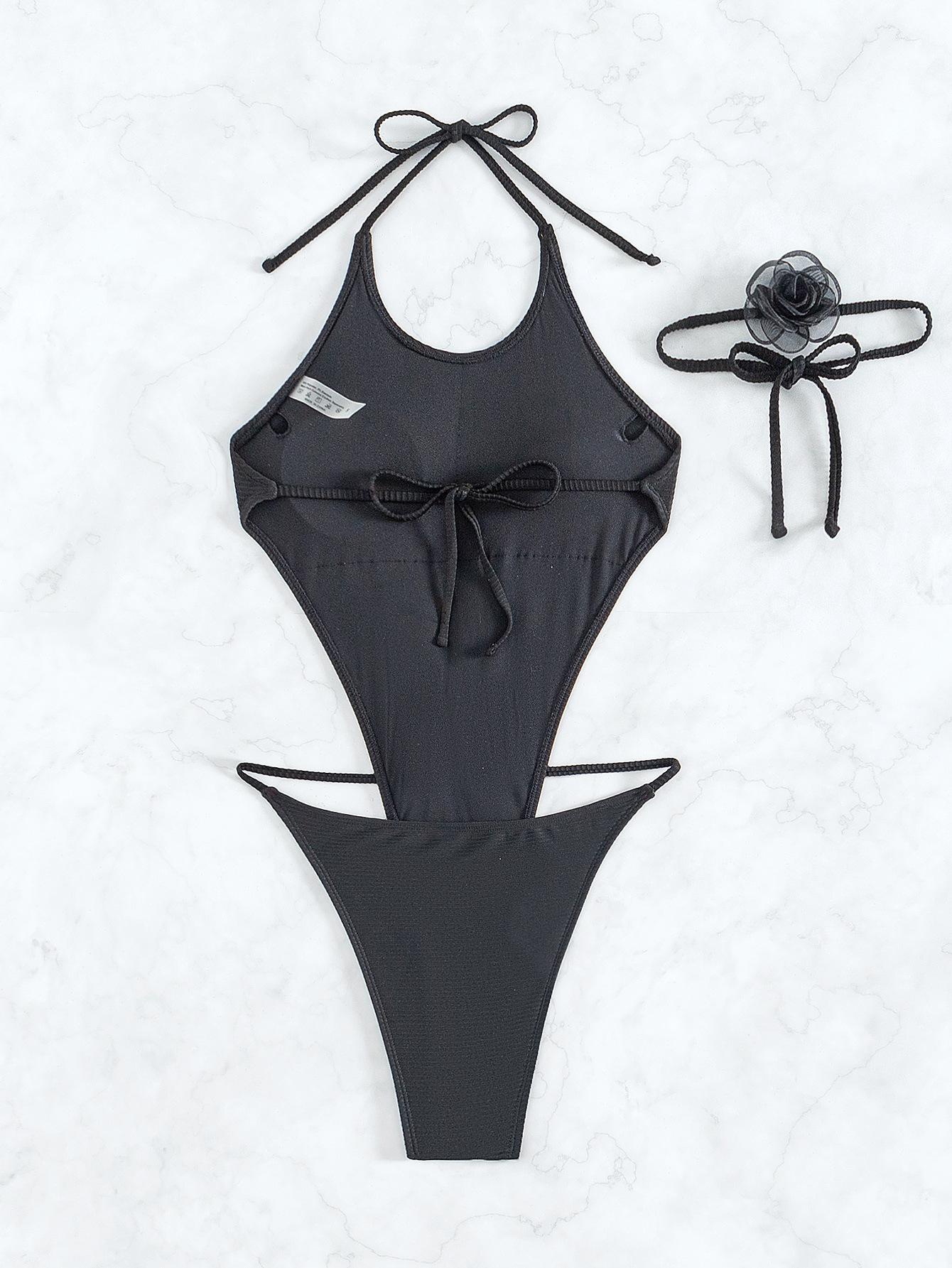 Solid Lace-Up Halter One Piece Swimsuit With Flower Chocker