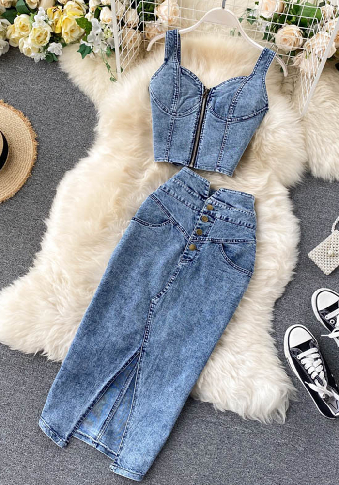 Women Camisole Denim Skirt Two-Piece Set