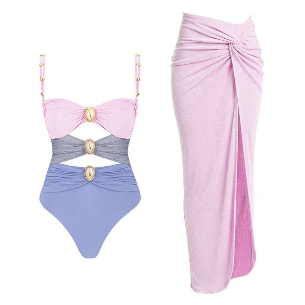 Women Color Block Hollow Sexy One-Piece Swimwear  Two-Piece Set