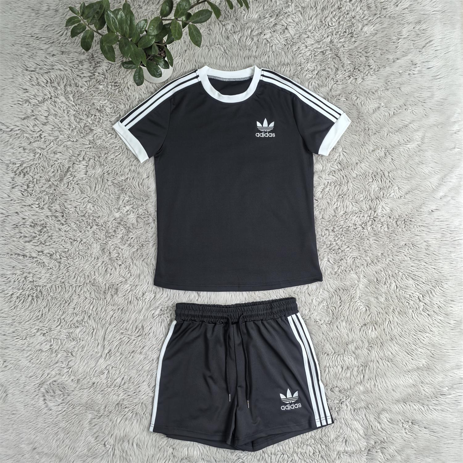 Women casual summer pocket embroidery sports striped short-sleeved top and shorts two-piece set