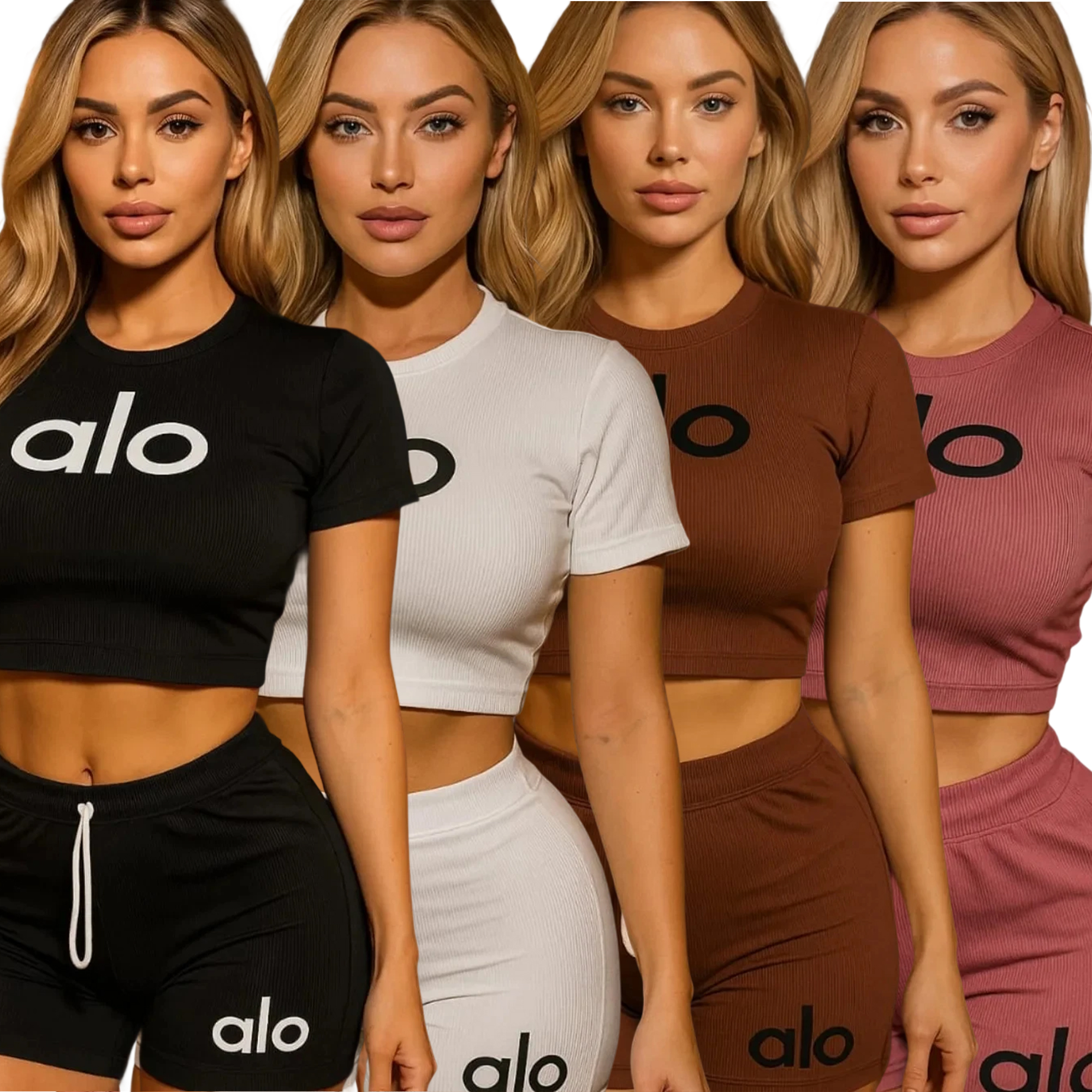 Women summer Stretch Round Neck short-sleeved top and shorts two-piece set