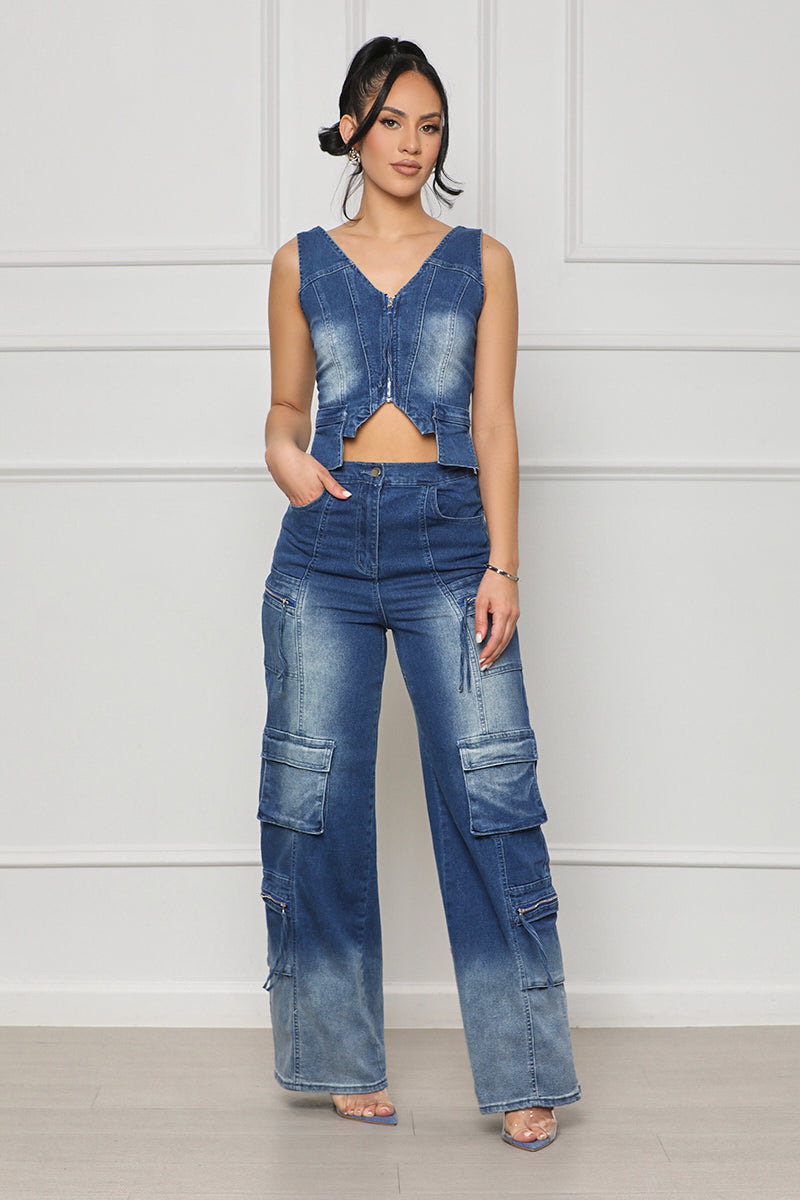 Women Casual Retro Vest and Multi-Pocket Wide Leg Pants Two-piece Set