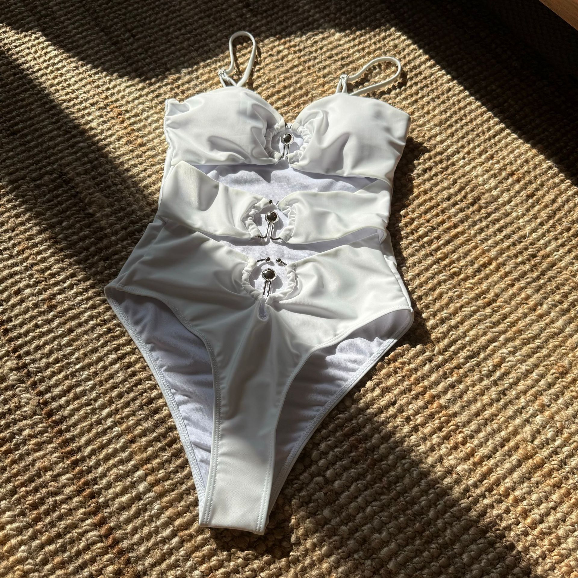 Women Metal Ring Steel Stud Strapless Hollow One-Piece Swimwear
