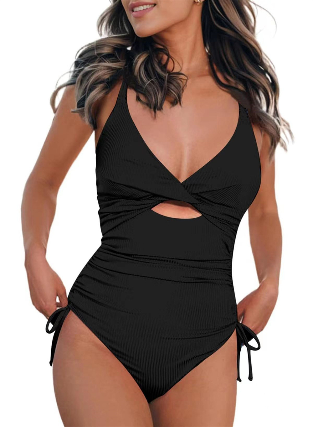Spring Holidays Women Sexy Deep V Neck Hollow One-Piece Swimsuit