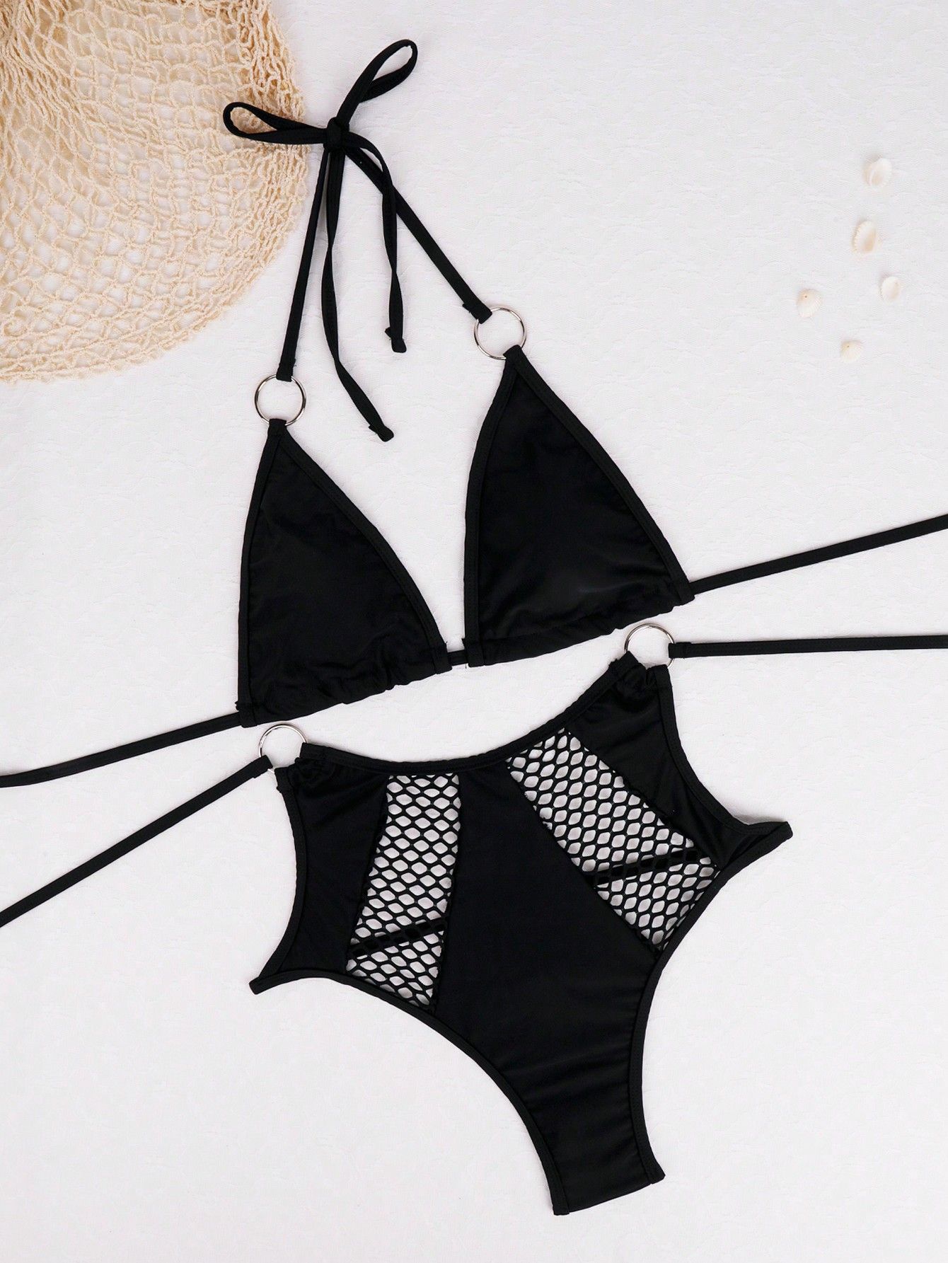 See-Through Mesh Sexy Low Back High Waist Tight Fitting Lace-Up Bikini Swimsuit