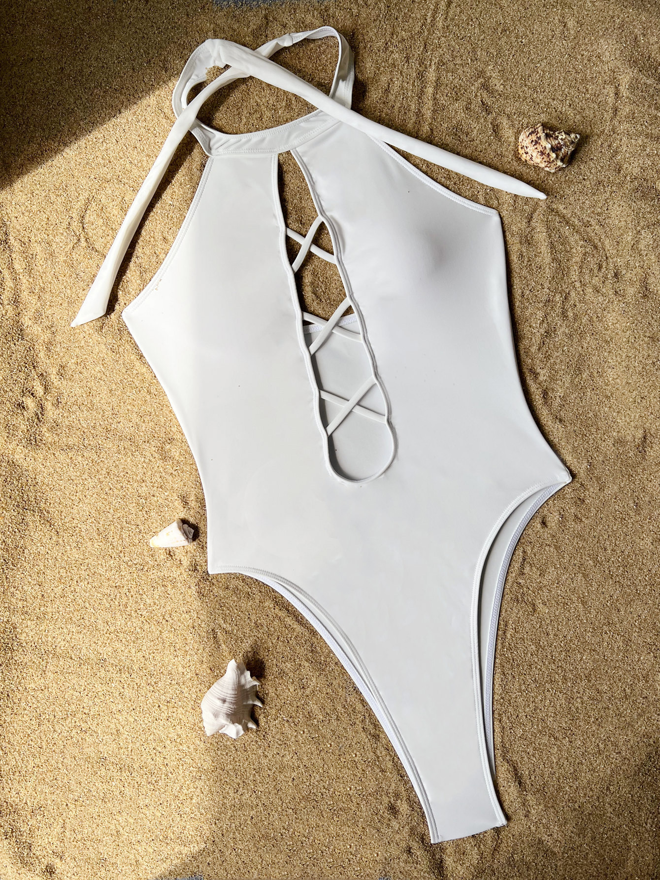 Sexy One-Piece Women Halter Neck Solid Color Swimsuit