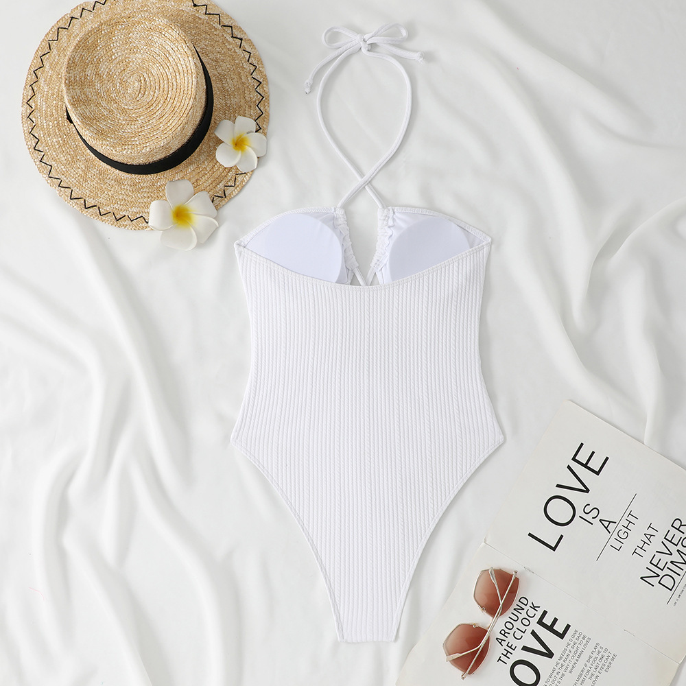 Ribbed Solid Color One-Piece Lace-Up Low Back Sexy Swimsuit