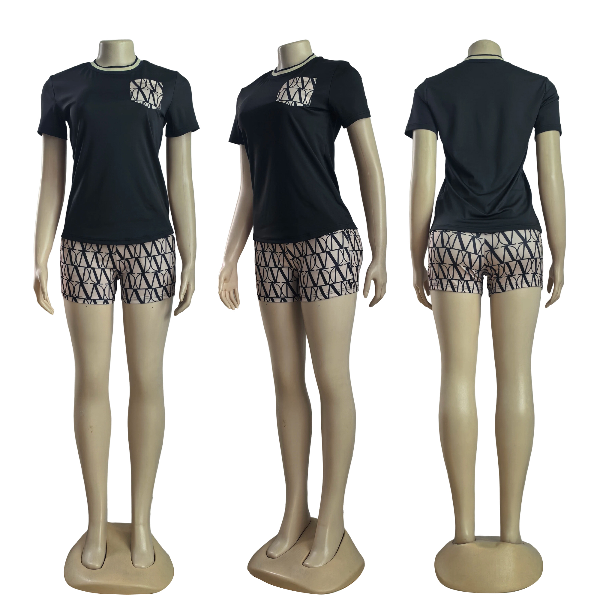 Women summer printed Round Neck pocket short-sleeved top and shorts two-piece set