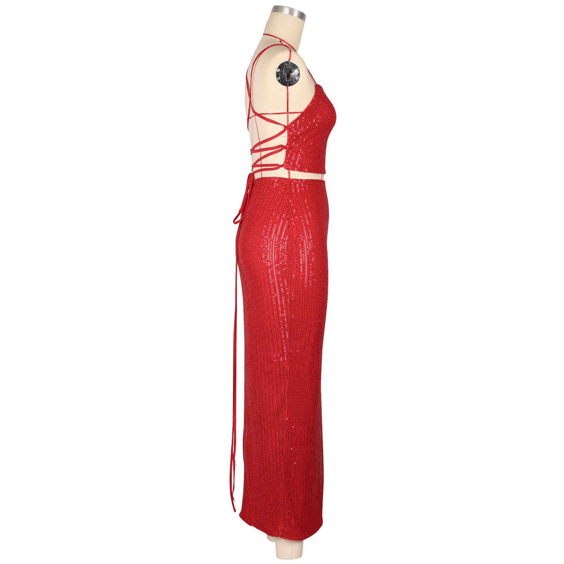 Women sexy sequined dress camisole top slit Skrit Two Piece Set