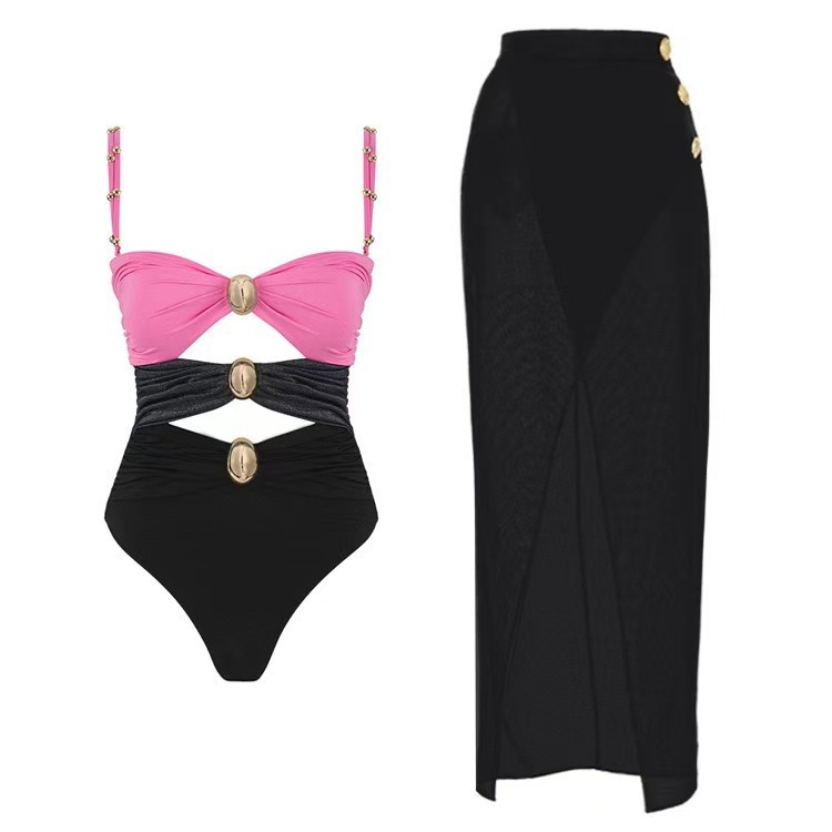 Women Color Block Hollow Sexy One-Piece Swimwear  Two-Piece Set