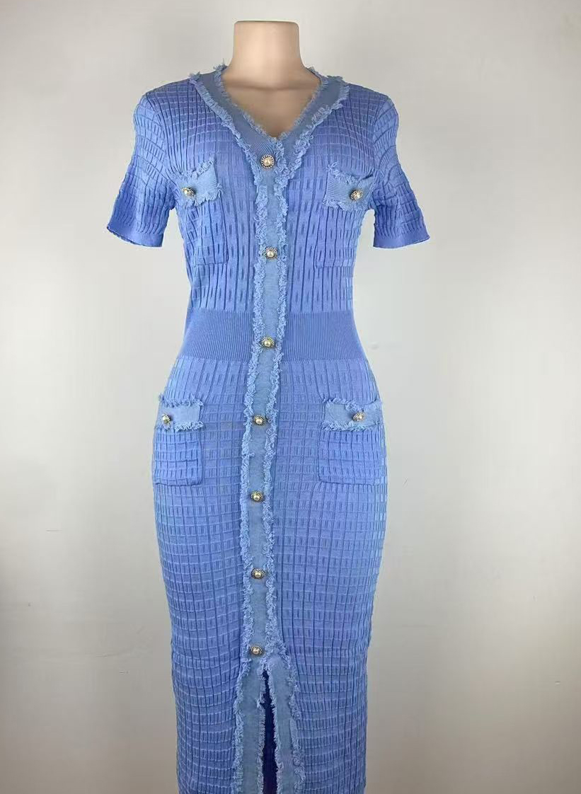 Women V-neck tassel slit knitting dress
