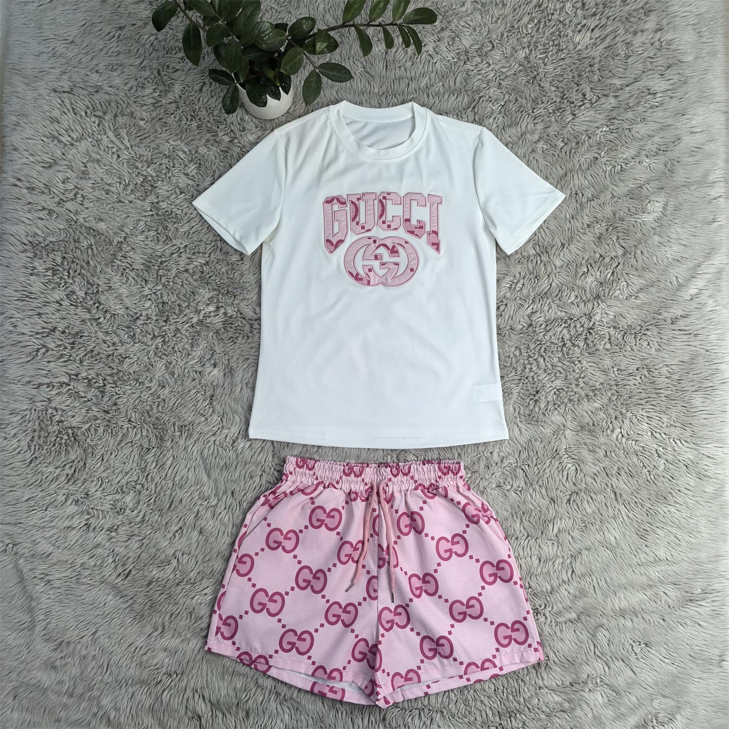 Women Summer Embroidered Printed Short Sleeve Top and Shorts Two-Piece Set