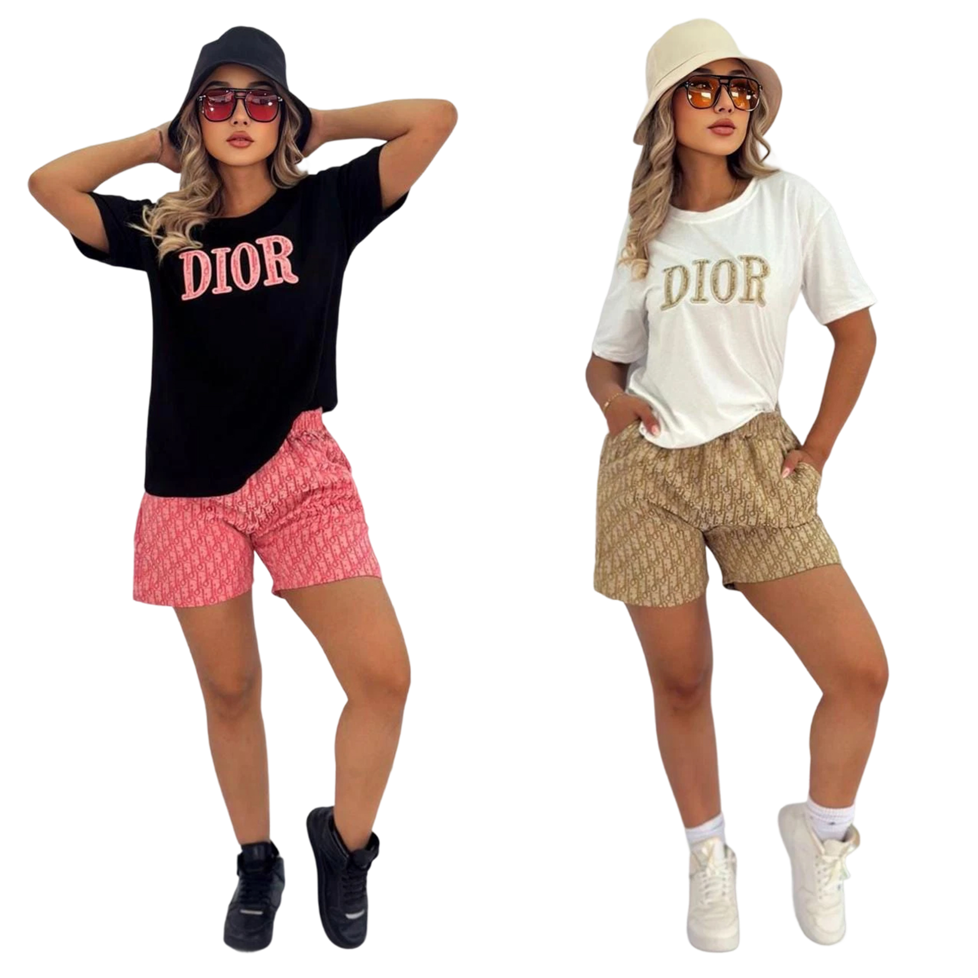 Women summer embroidery + printed short-sleeved top and shorts two-piece set