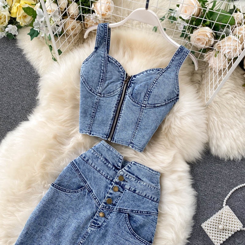 Women Camisole Denim Skirt Two-Piece Set