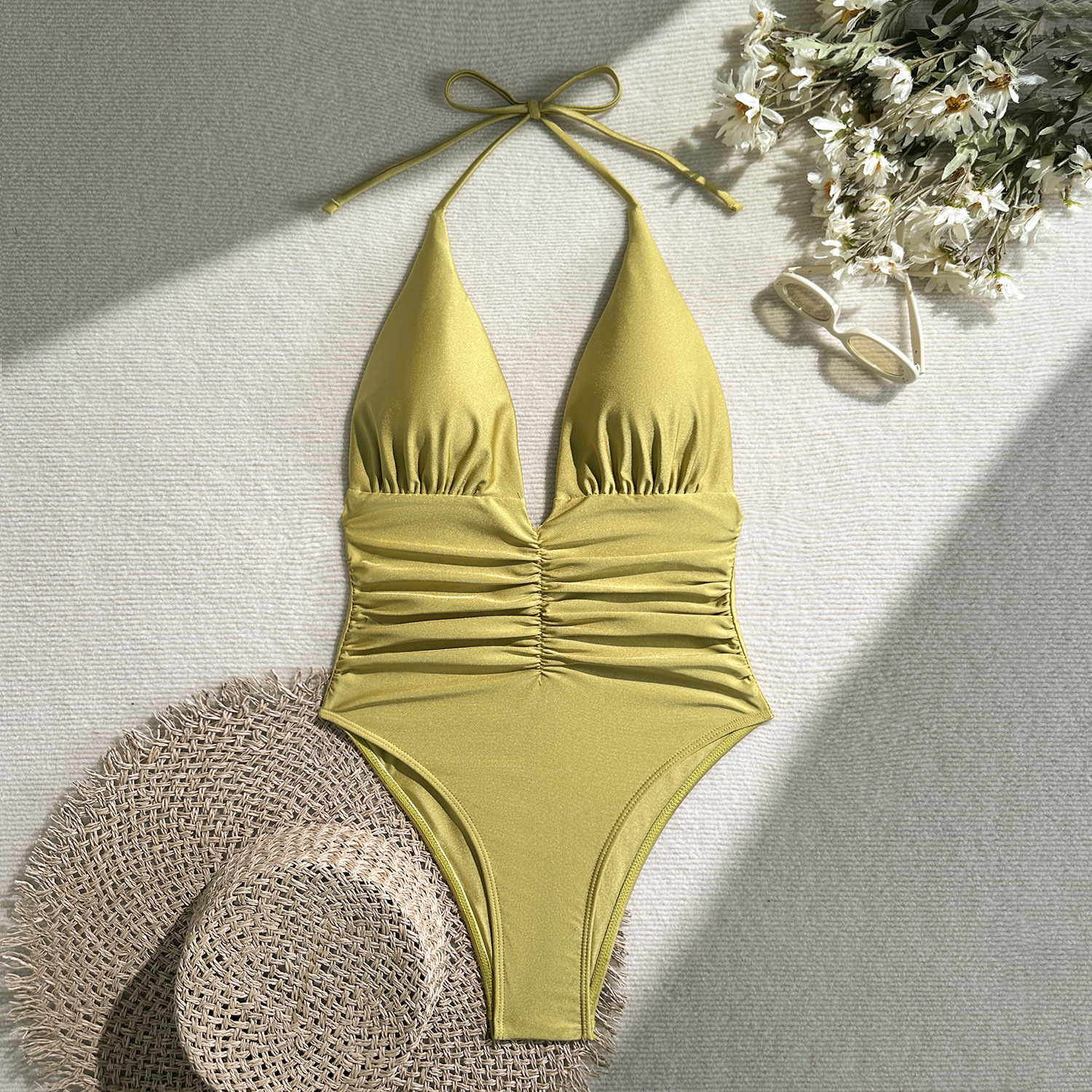 female sexy deep V halter neck One-piece swimsuit