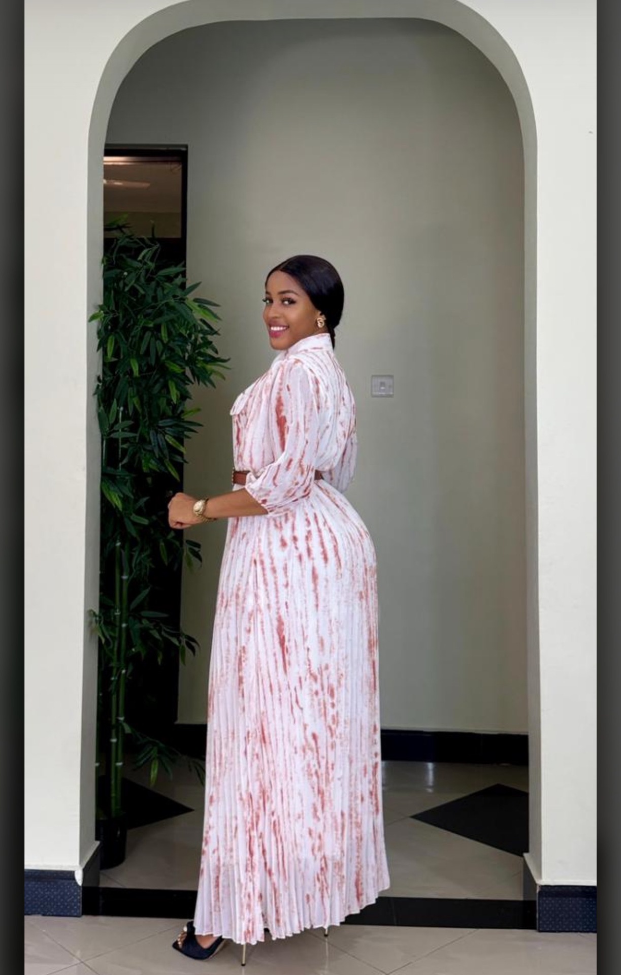 African Women Printed Turndown Collar Long Sleeve Chiffon Dress with Belt