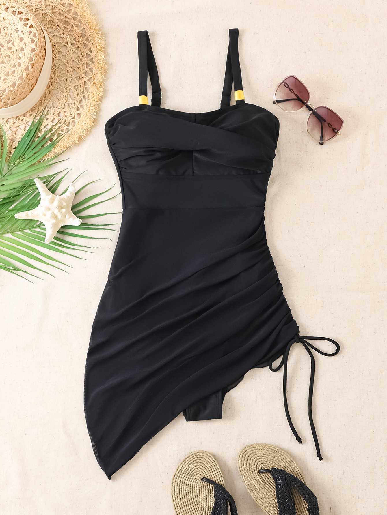 Women mesh patchwork drawstring sexy one-piece swimsuit