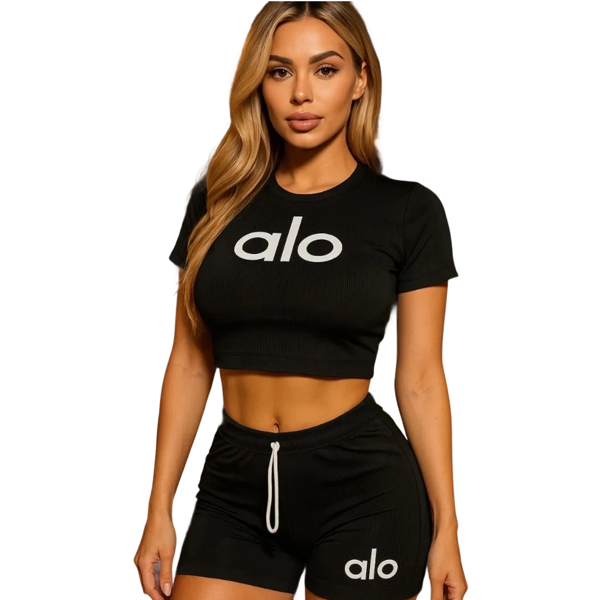 Women summer Stretch Round Neck short-sleeved top and shorts two-piece set