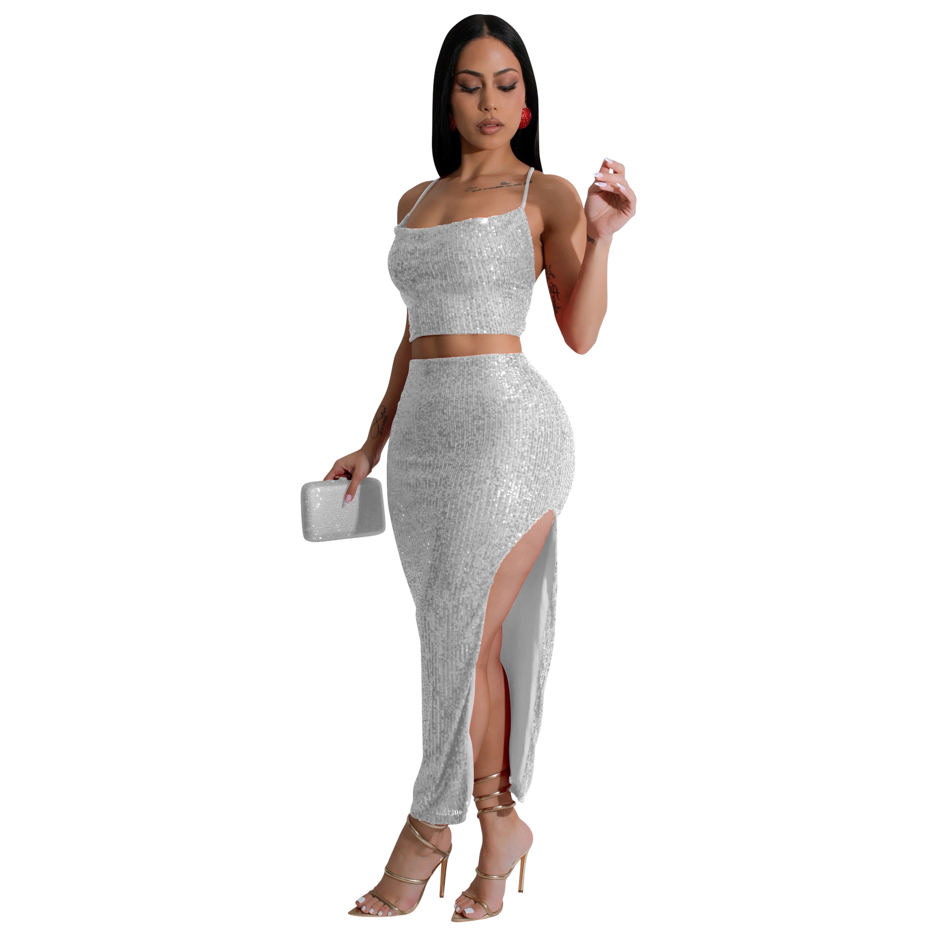 Women sexy sequined dress camisole top slit Skrit Two Piece Set