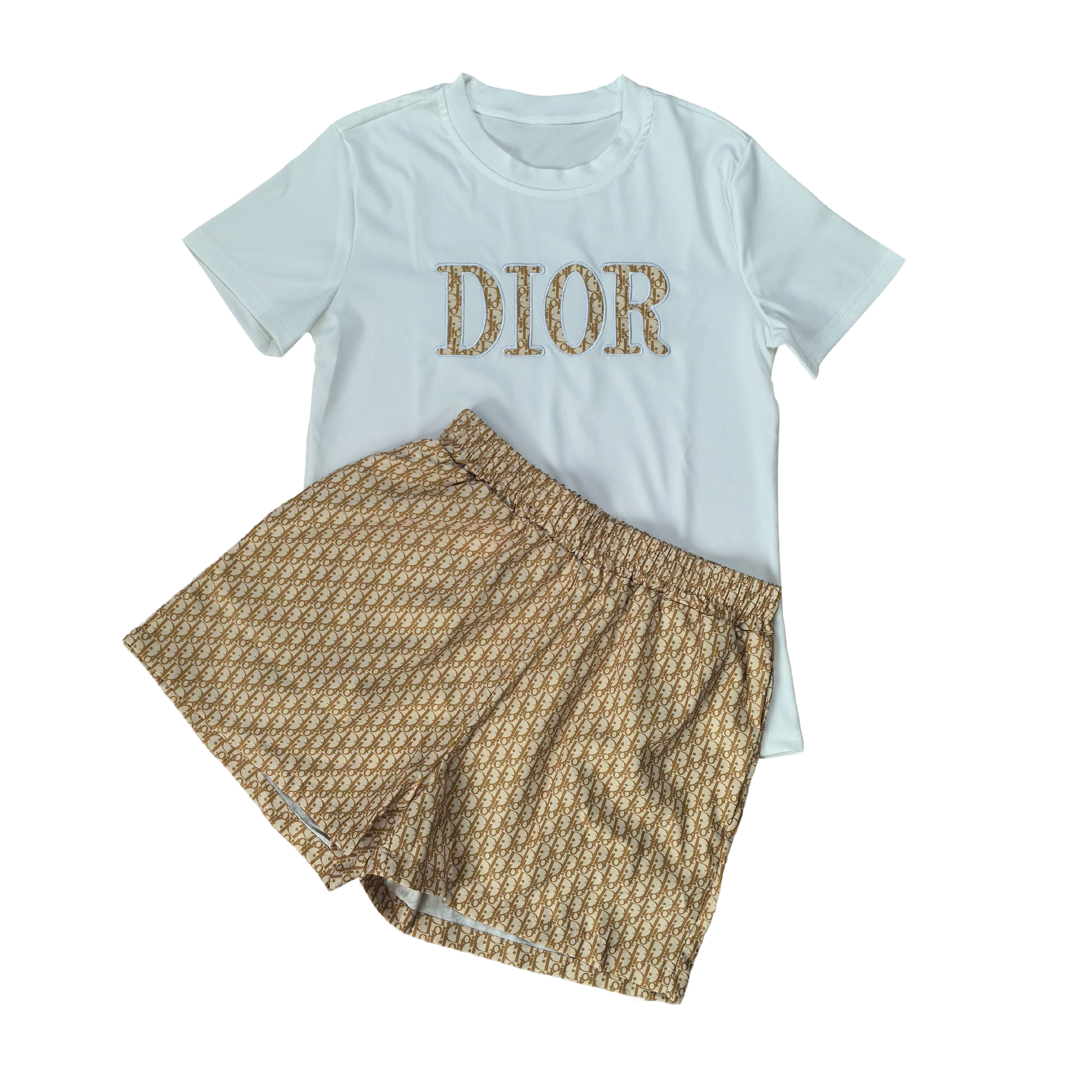 Women summer embroidery + printed short-sleeved top and shorts two-piece set