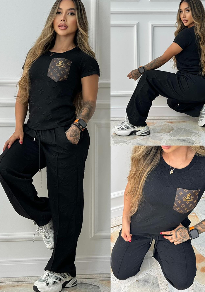 Women casual Pu-Leather pocket short-sleeved top and long pants jacquard two-piece set