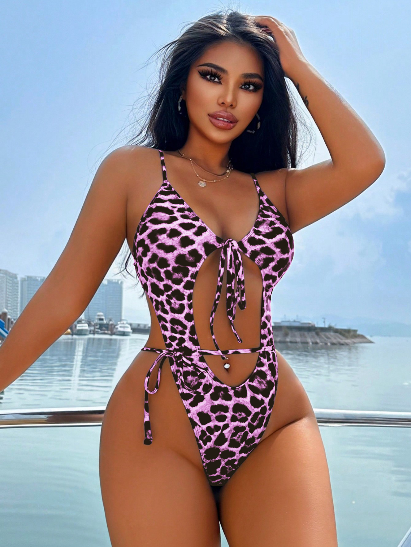 Women Sexy Swimwear  Leopard Print Lace Holidays One-Piece Swimwear