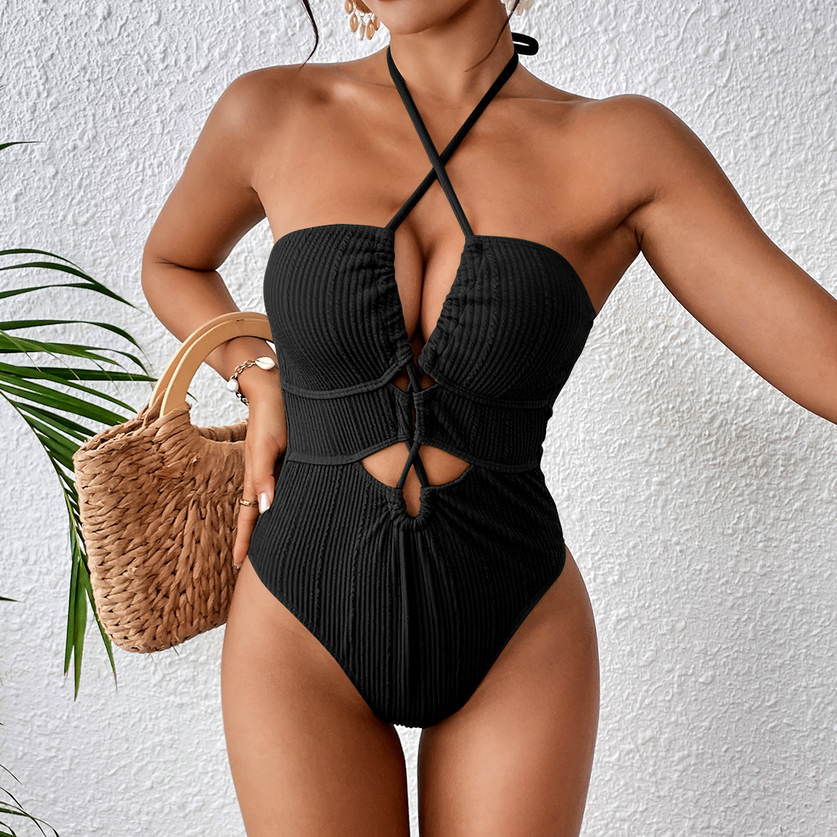 Ribbed Solid Color One-Piece Lace-Up Low Back Sexy Swimsuit