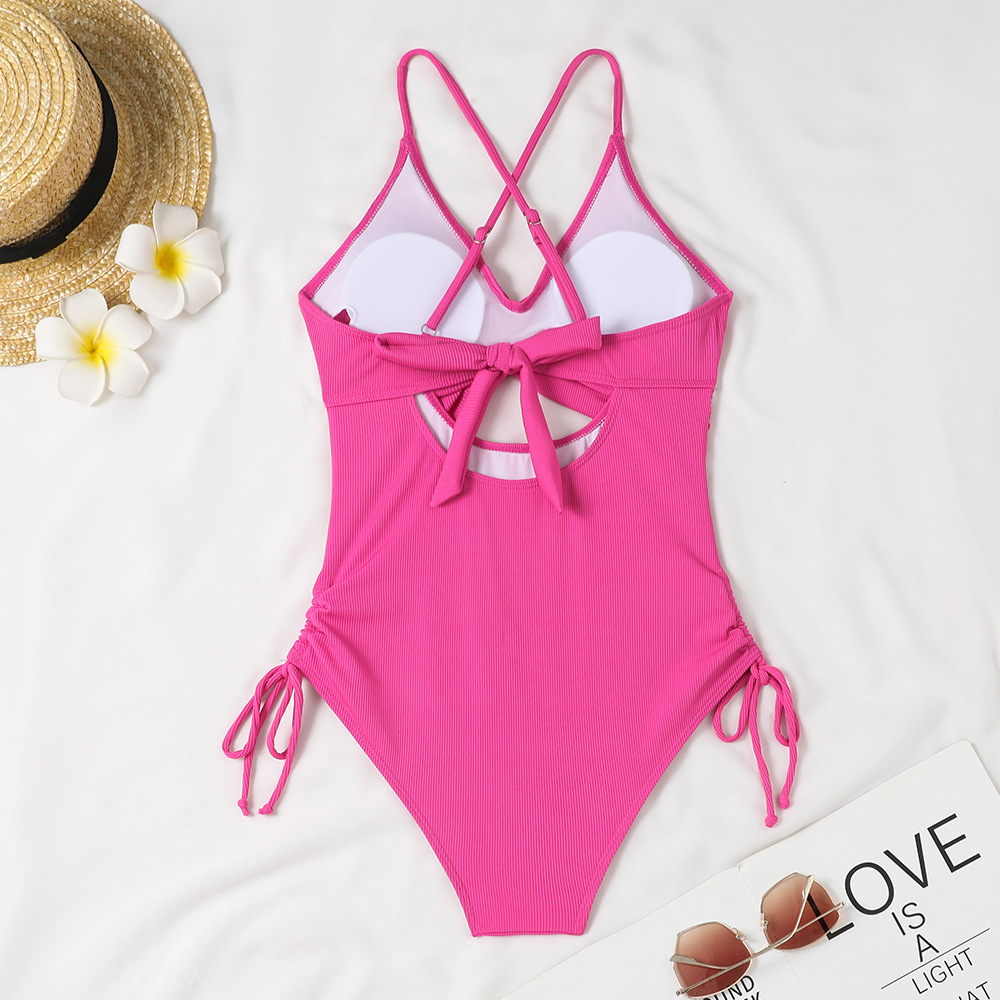 Spring Holidays Women Sexy Deep V Neck Hollow One-Piece Swimsuit