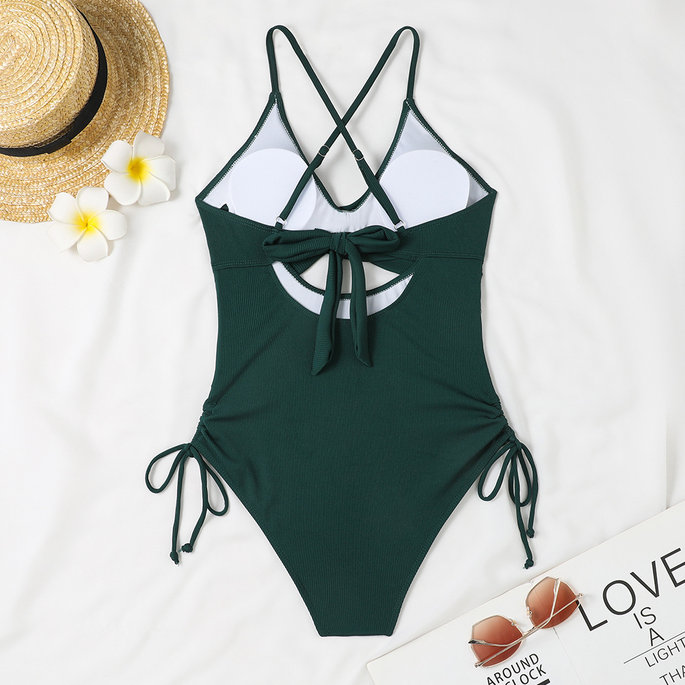 Spring Holidays Women Sexy Deep V Neck Hollow One-Piece Swimsuit
