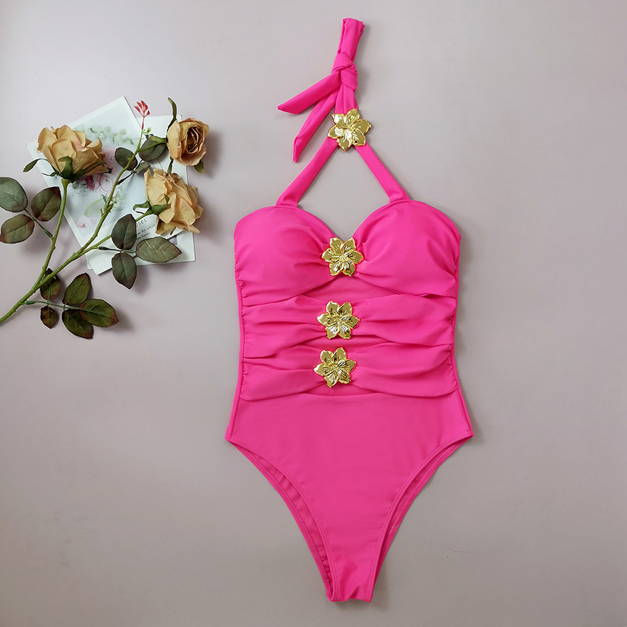 Sexy Hollow One-Piece Women Swimsuit Metal Flower Decoration Halter Neck Bikini