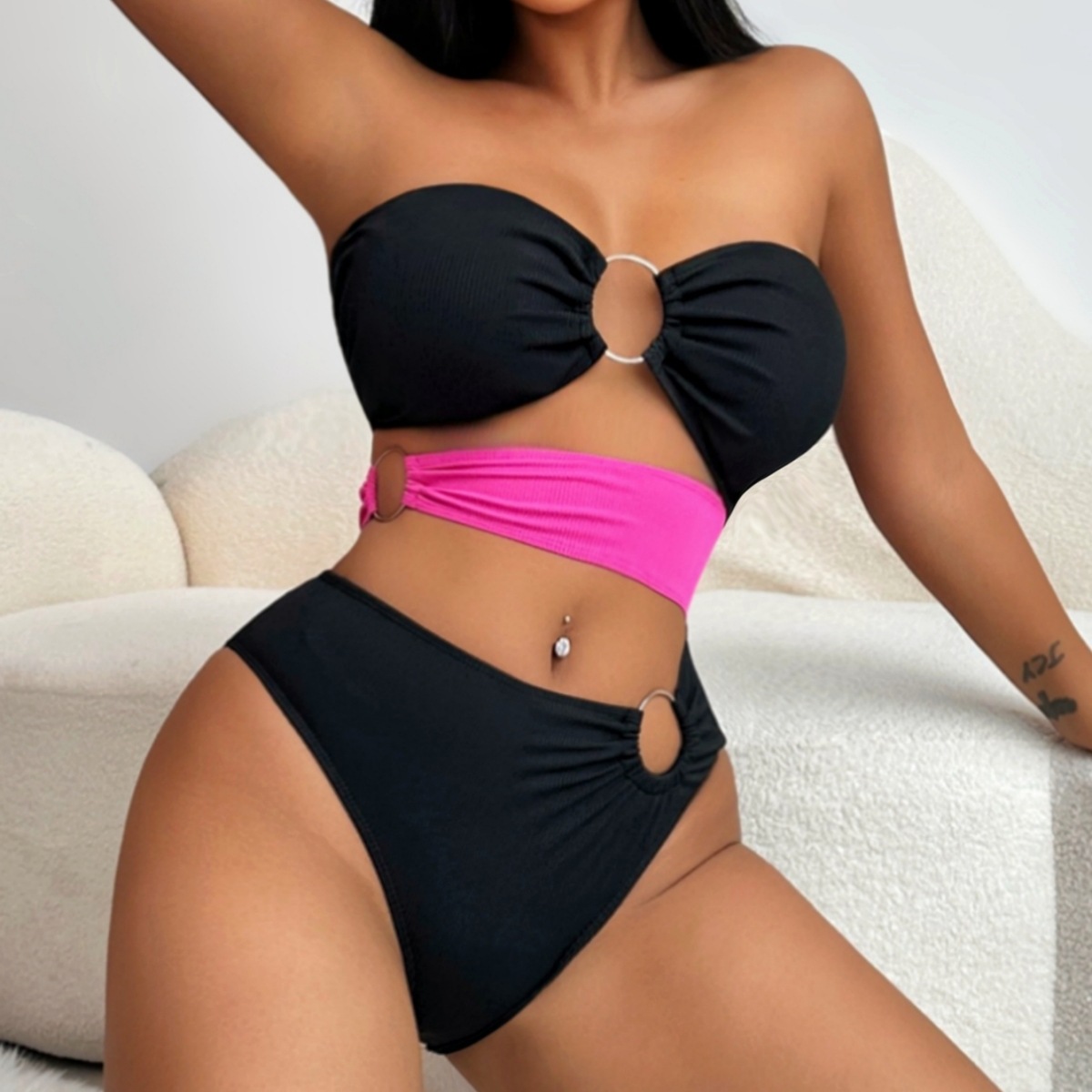 Contrast Color Strapless One-Piece Sexy Swimsuit