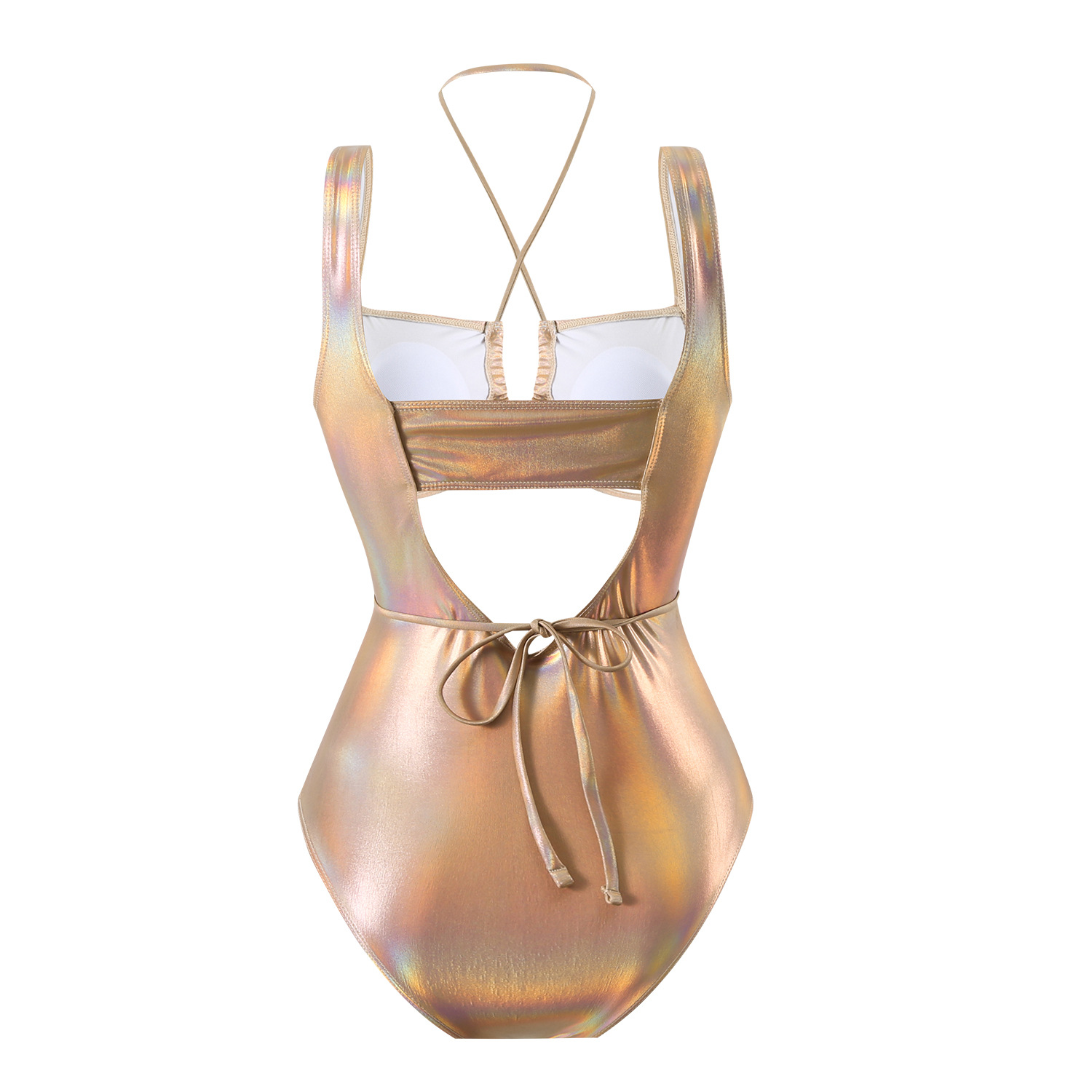 Sexy Hollow Drawstring Glossy One-Piece Swimsuit