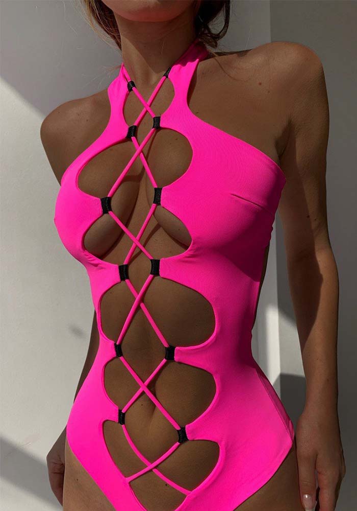 Cross Lace-Up Low Back One-Piece Swimsuit For Women Halter Neck Sexy Hollow Solid Color One-Piece Swimwear