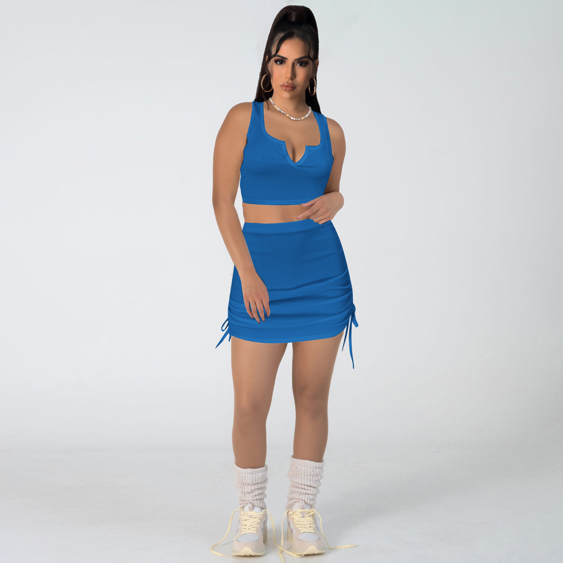 Women Stretch sexy v-neck Top and drawstring Solid Skirt two-piece set