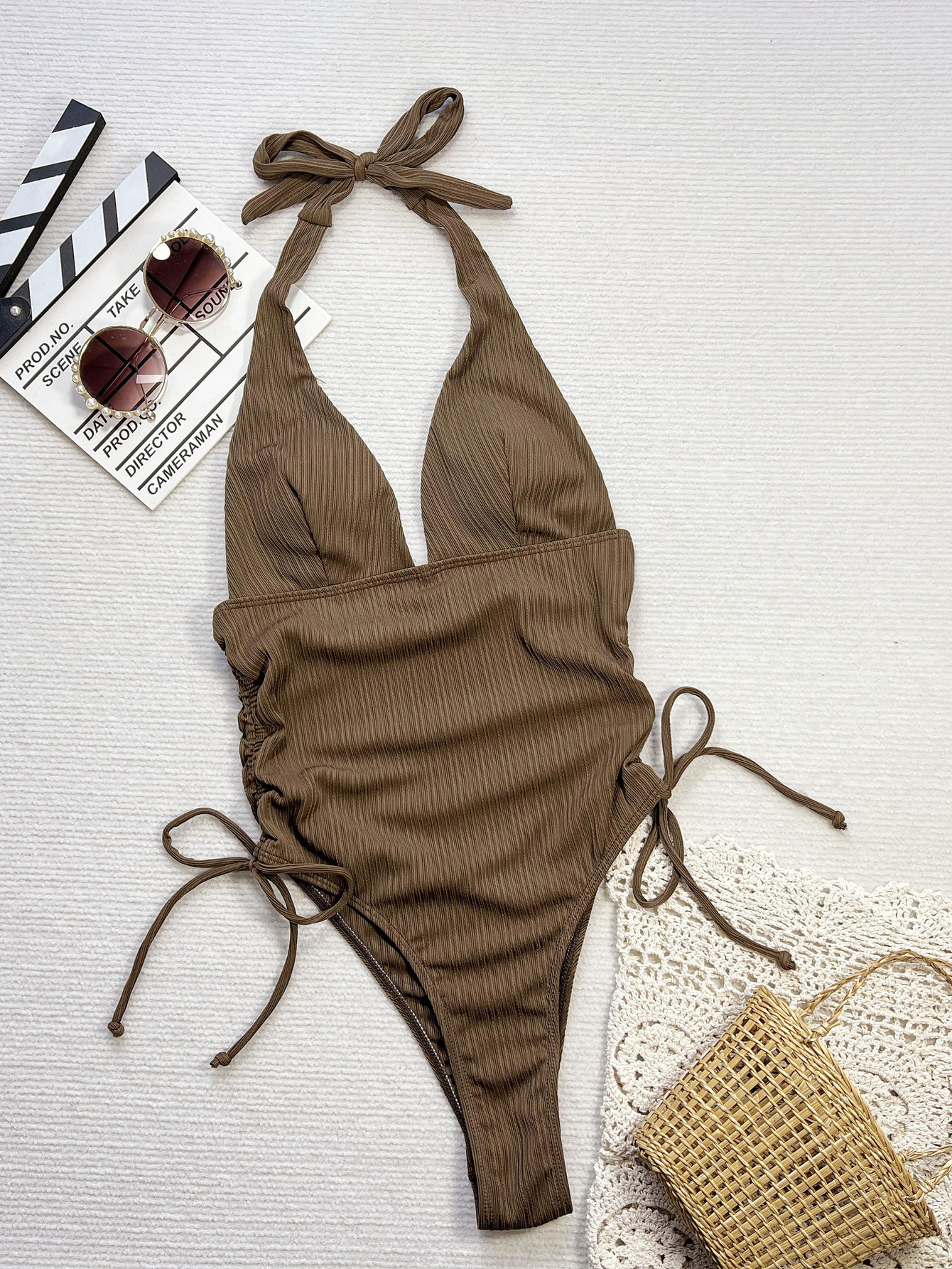 Deep V Hollow Pleated One-piece Swimsuit