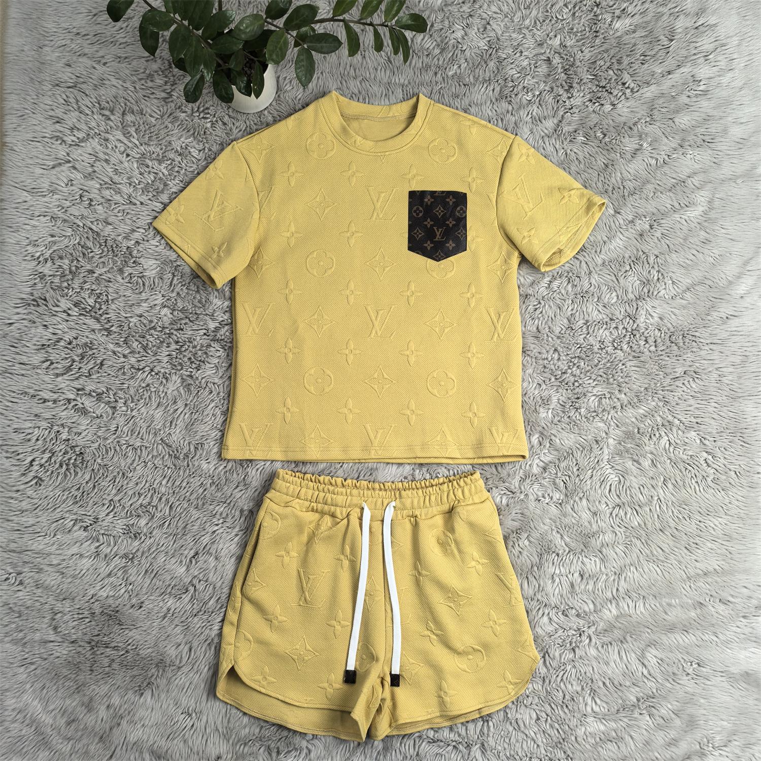 Women casual Pu-Leather pocket jacquard short-sleeved top and shorts sports two-piece set