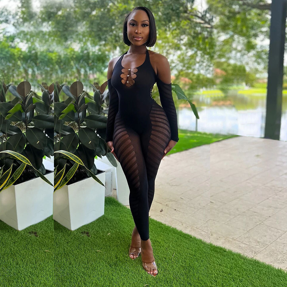 Women Fall Solid Halter Neck Hollow See-Through Backless Sexy Jumpsuit
