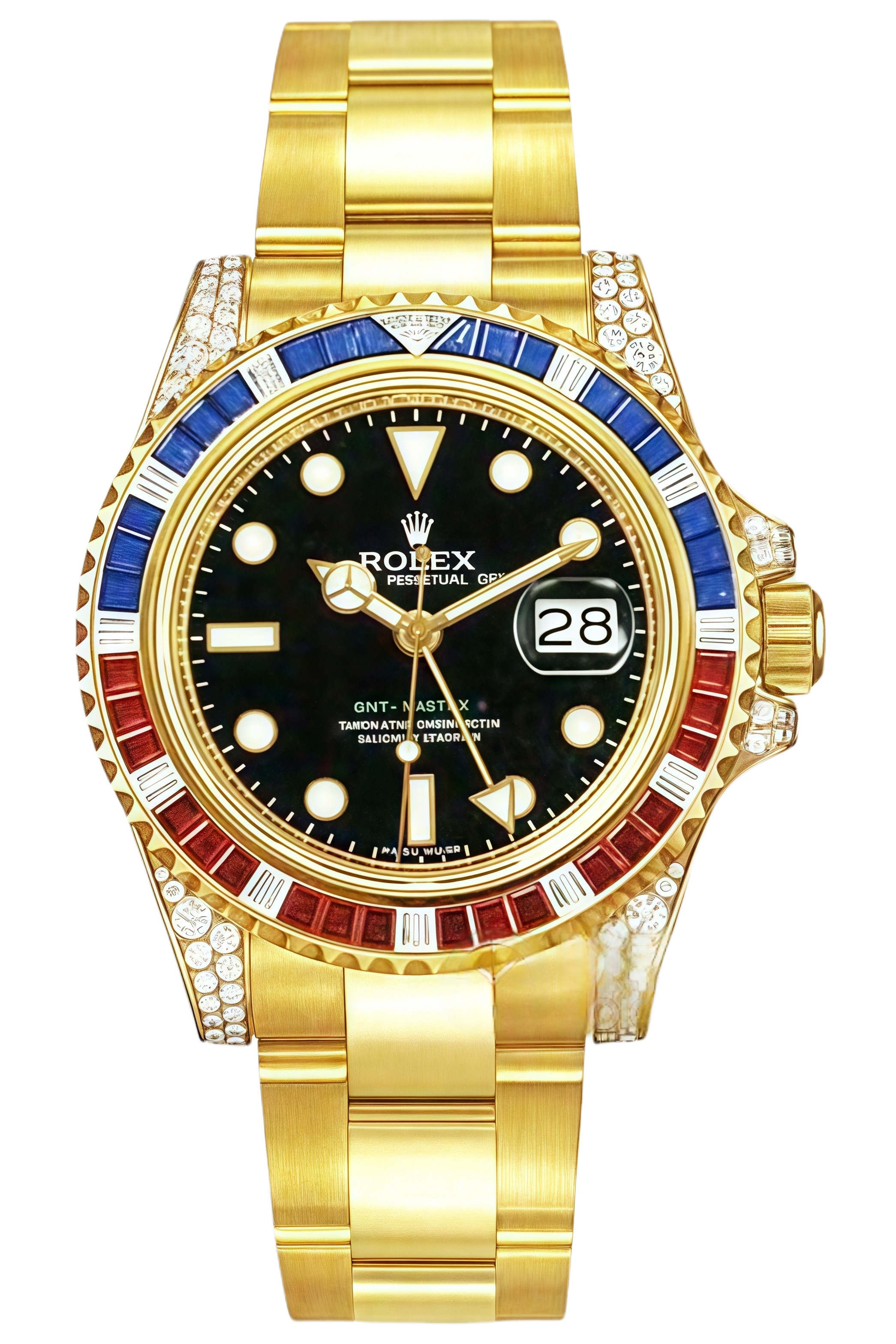 Rolex GMT-Master II Rainbow Bezel Super Clone Swiss Replica Watch Ref 116758SARU-78208 Mother of Pearl Dial 18K Yellow Gold