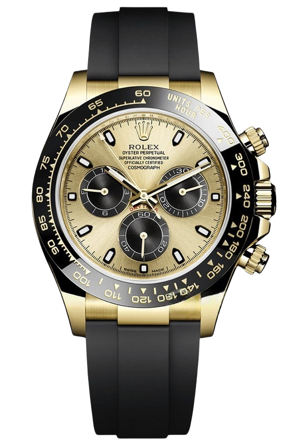 The Rolex Cosmograph Daytona Ref 116518LN-0040 super clone features a bold black dial with contrasting champagne sub-dials, an 18k yellow gold case, and a sporty yet elegant Oysterflex strap. Fitted with a high-performance Swiss 4130 replica movement