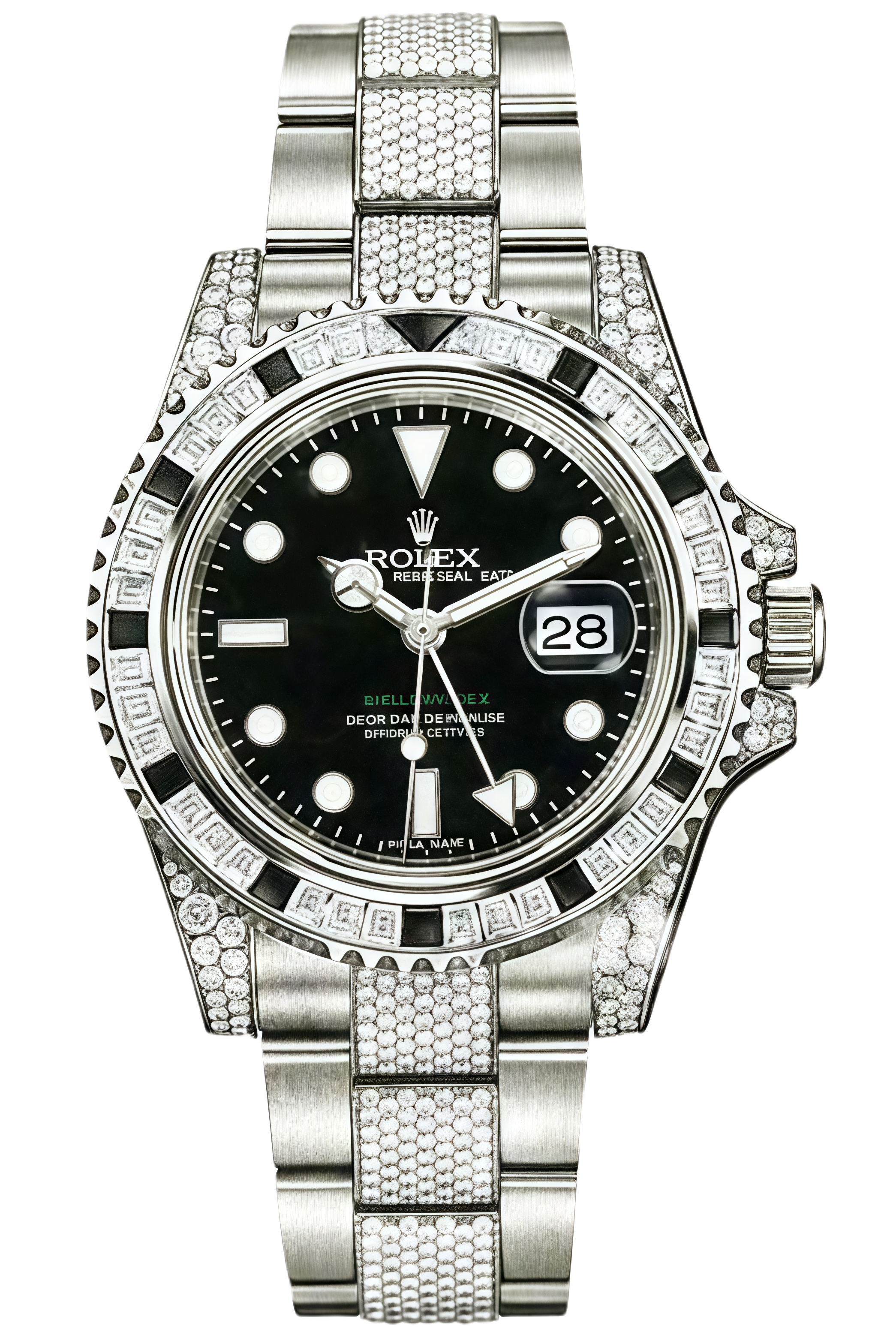 Rolex GMT-Master II Black Sapphire Bezel Full Diamond Super Clone Swiss Replica Watch Ref 116759SANR-74769BRIL White Gold