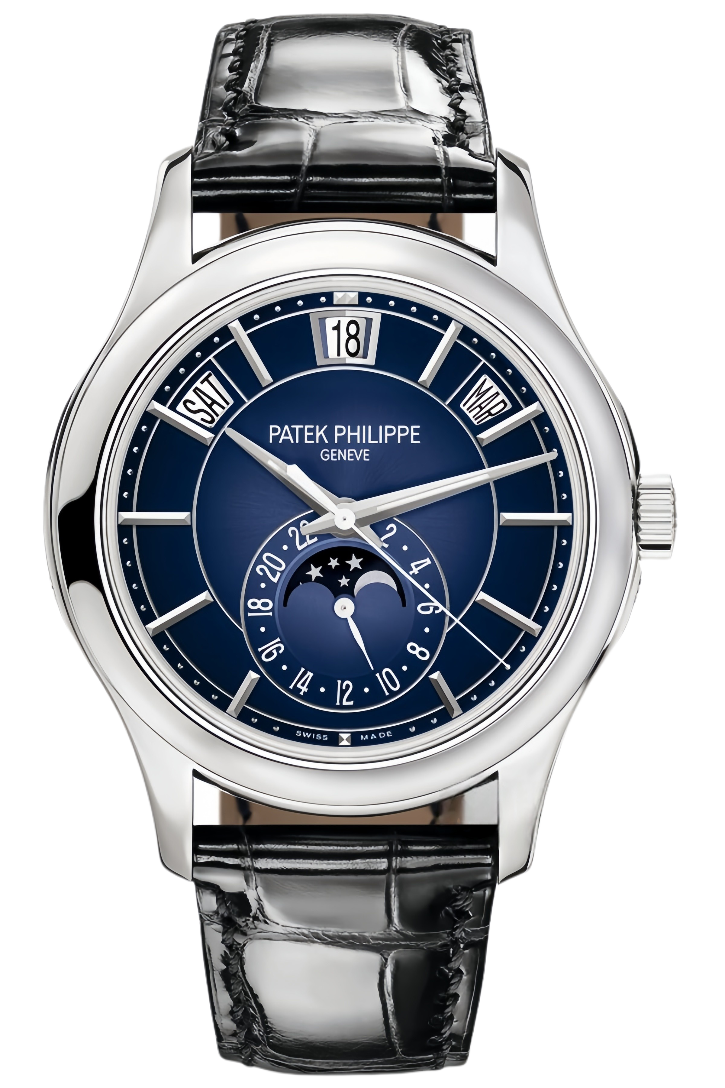 Patek Philippe Ref. 5205G-013 Super Clone Watch – Blue Dial White Gold Case Moonphase Fake Replica