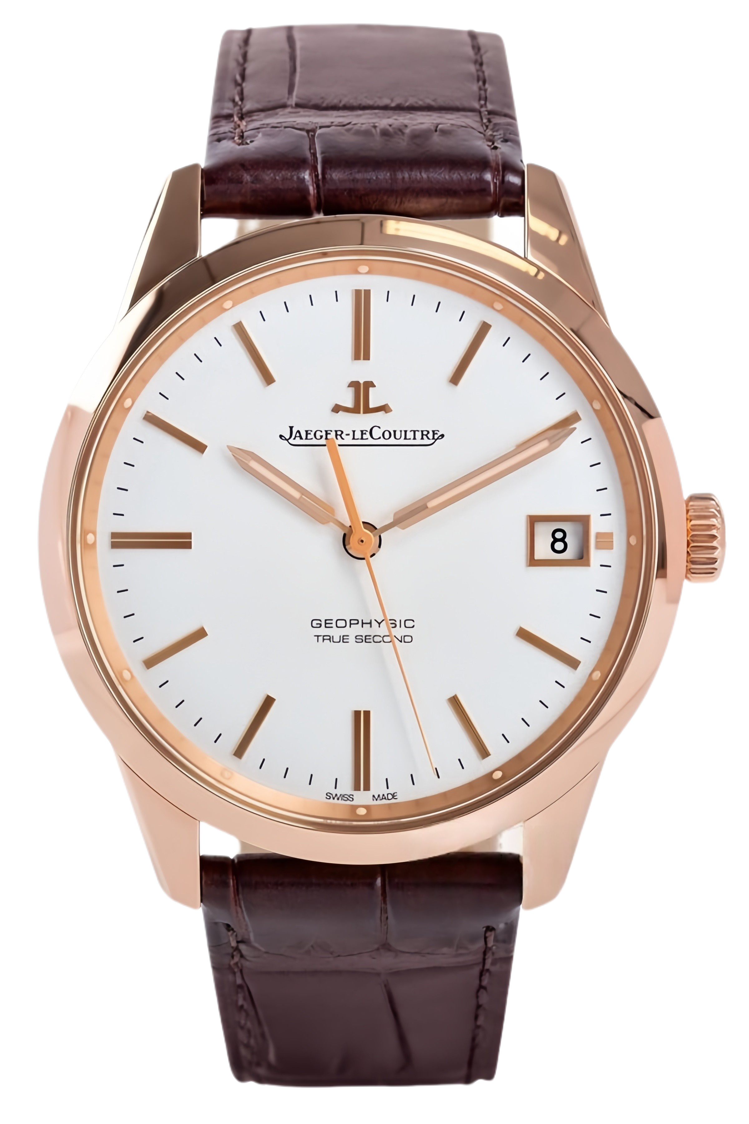 Jaeger-LeCoultre Geophysic True Second Ref. 8012520 Super Clone Watch – Rose Gold Case Silver Dial Leather Strap Fake Replica